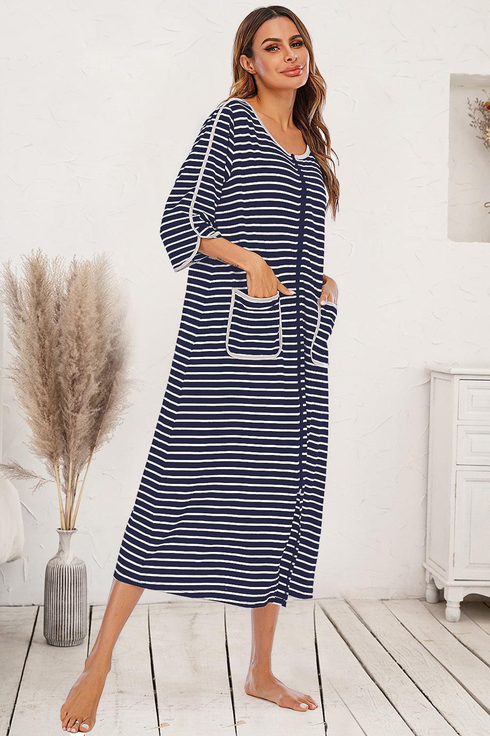 Round Neck Three-Quarter Sleeve Midi Night Dress - ClubOn