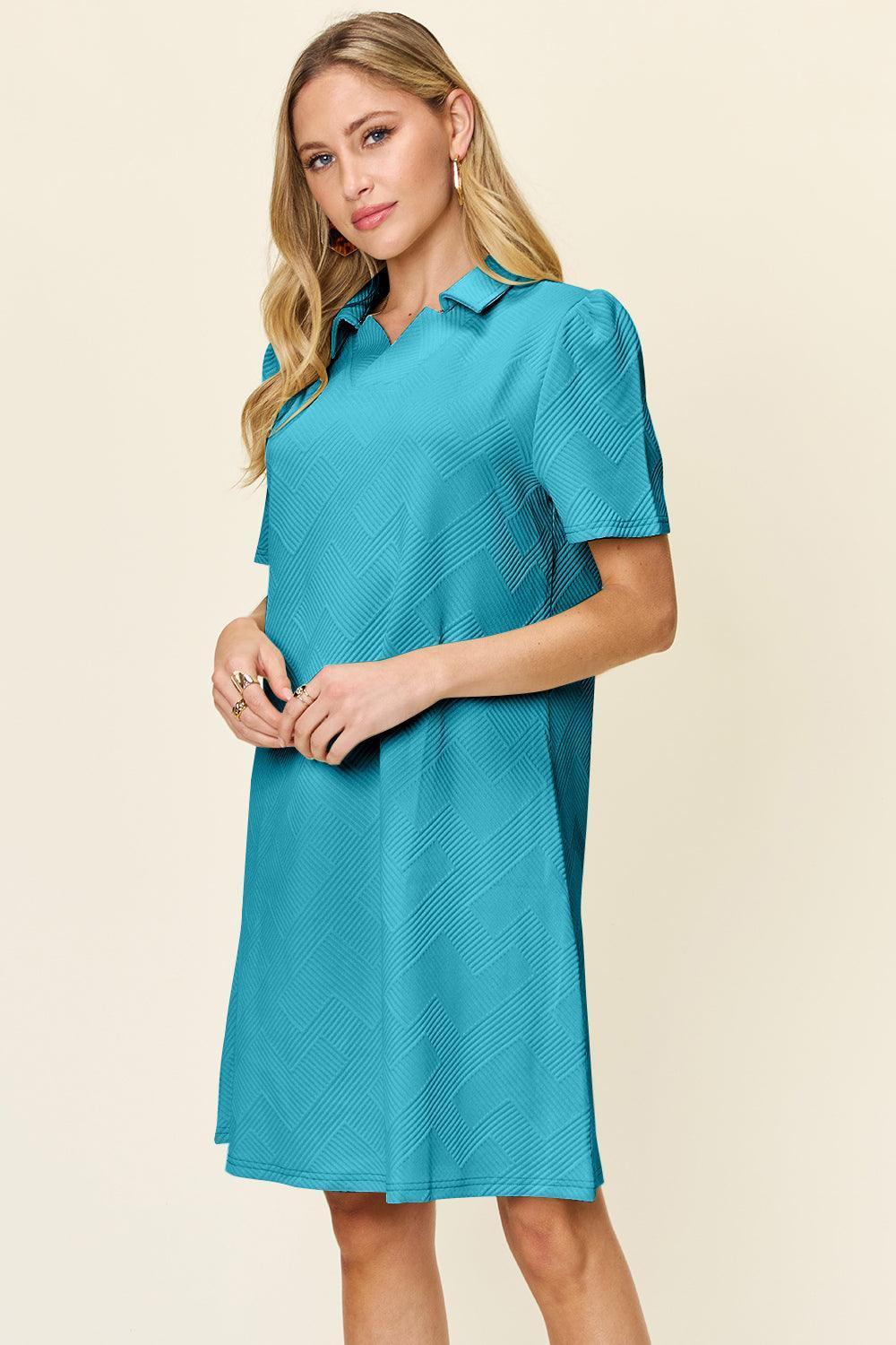 Double Take Full Size Texture Collared Neck Short Sleeve Dress - ClubOn