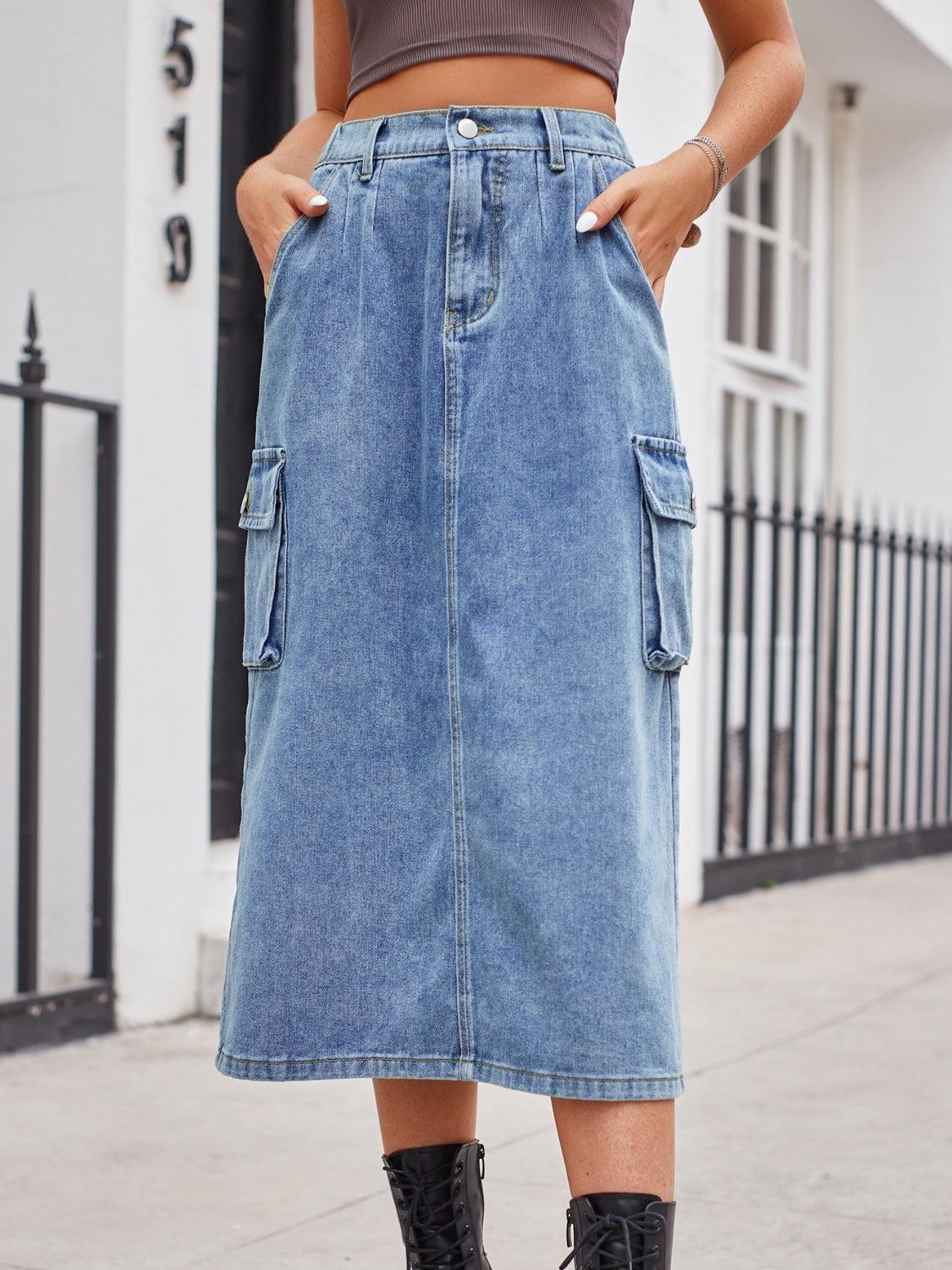 Slit Buttoned Denim Skirt with Pockets - ClubOn