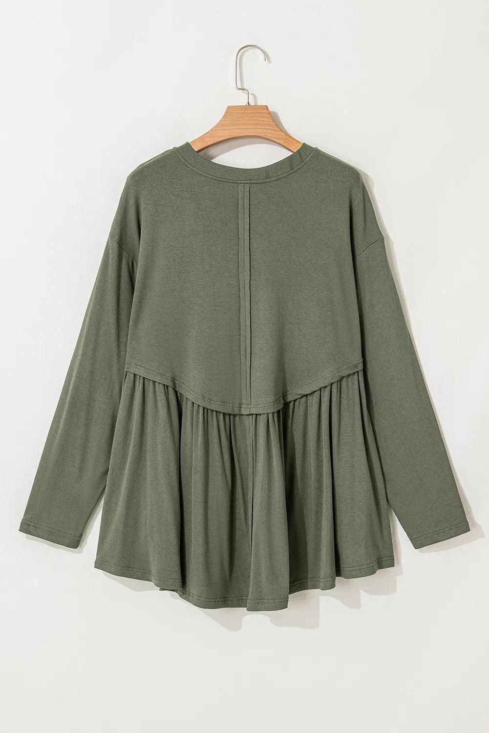 Plus Size Peplum Round Neck Long Sleeve Blouse - ClubOn