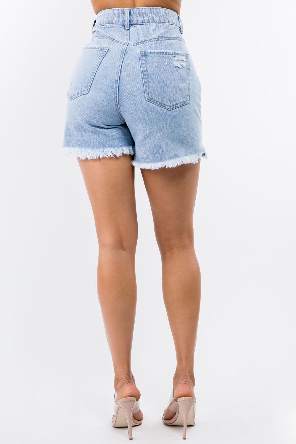 American Bazi High Waist Distressed Raw Hem Denim Shorts - ClubOn