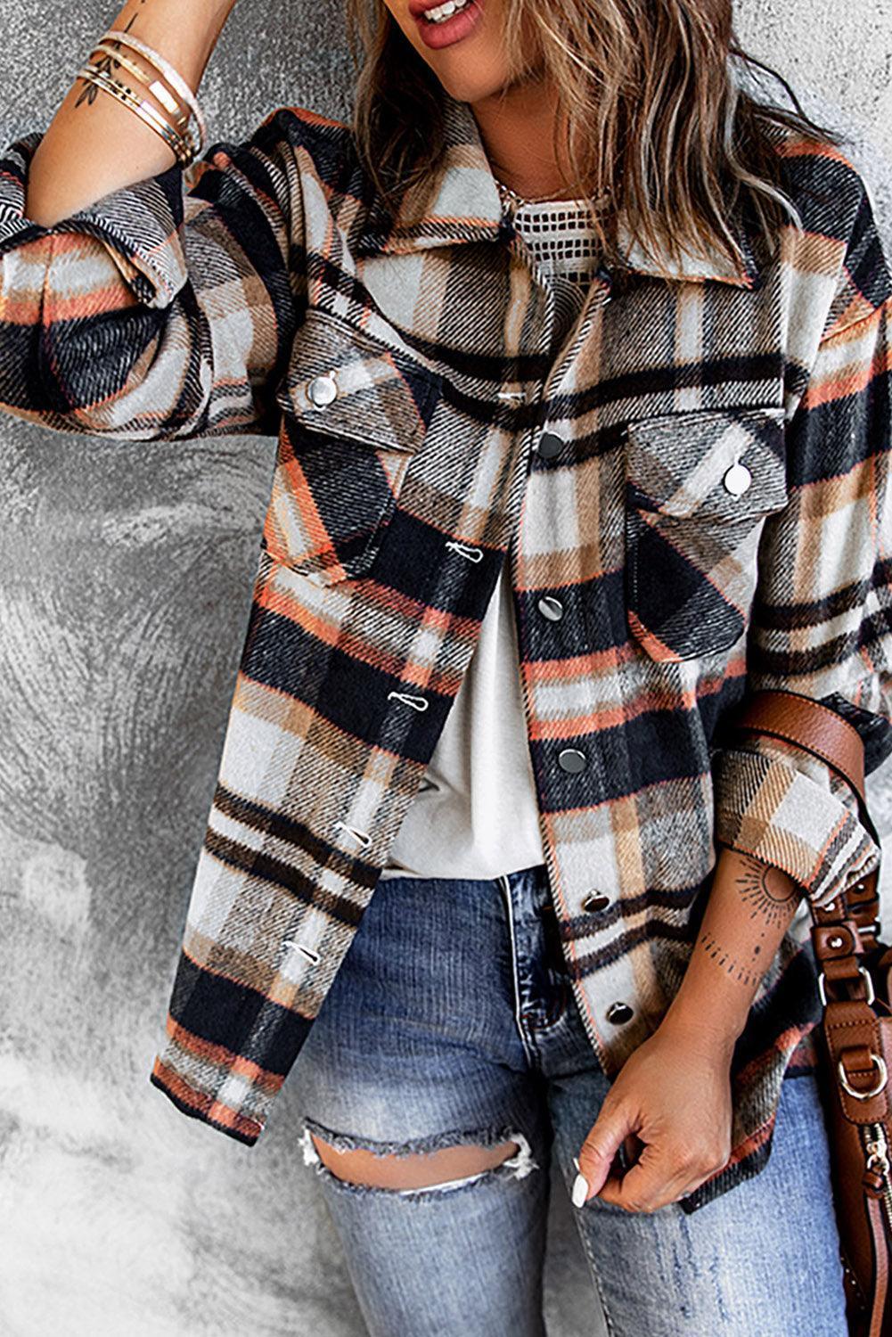 Double Take Plaid Button Front Shirt Jacket with Breast Pockets - ClubOn