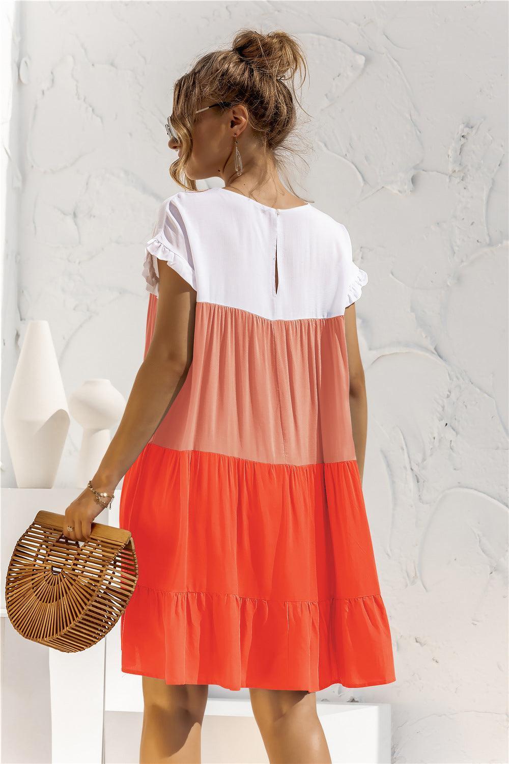 Color Block Round Neck Ruffle Hem Dress - ClubOn