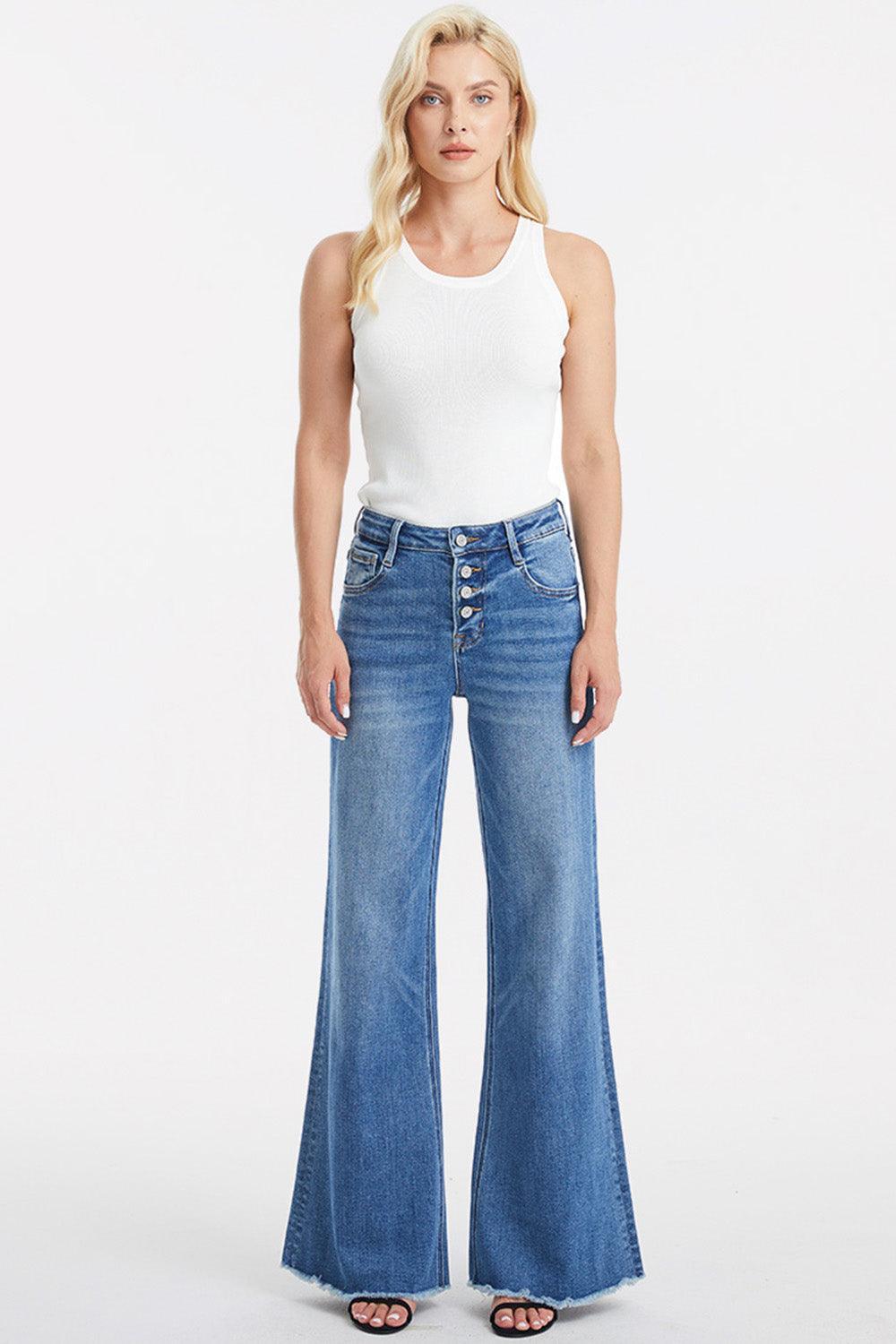 BAYEAS Full Size High Waist Button-Fly Raw Hem Wide Leg Jeans - ClubOn