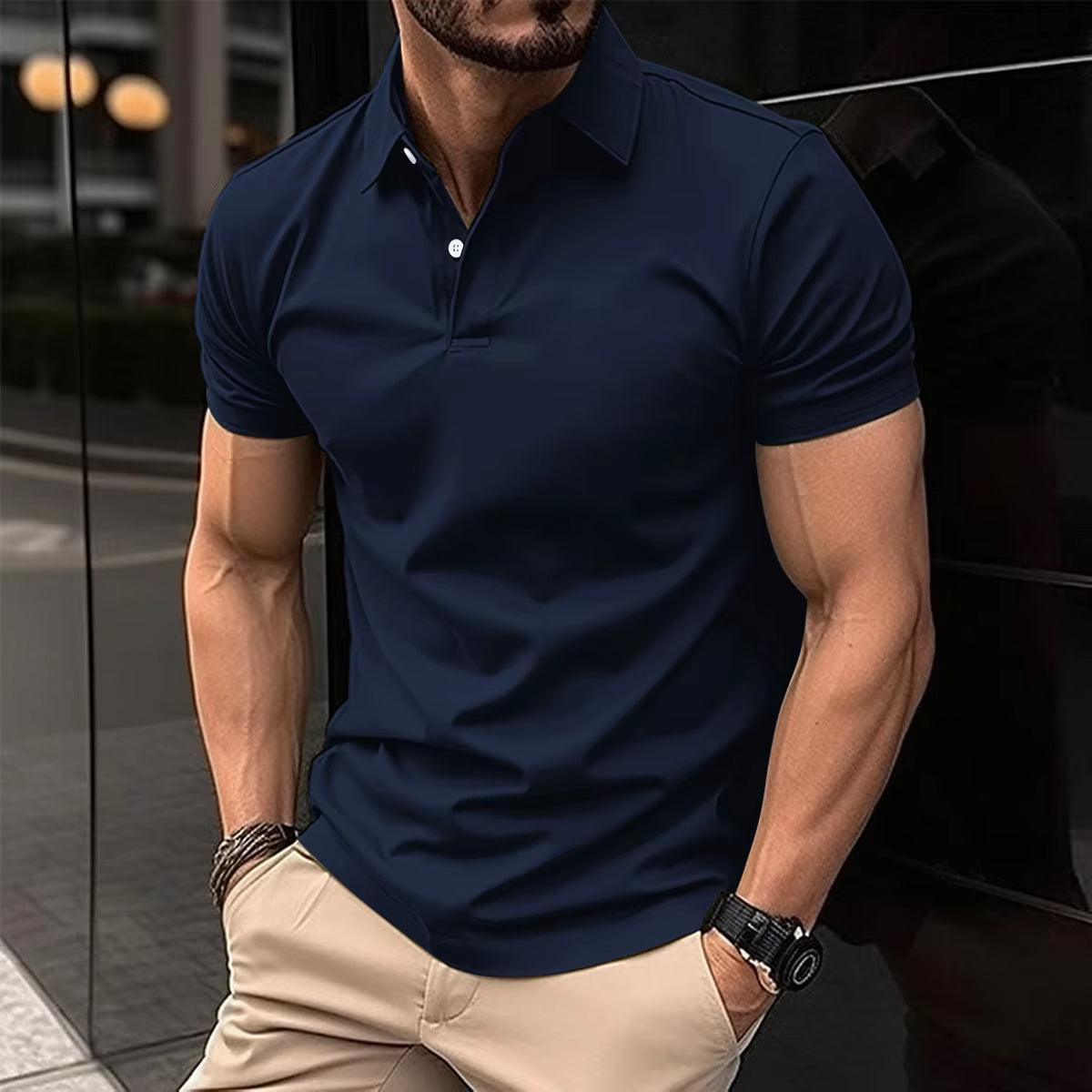 Men's Fashionable Button Polo T-Shirt - Solid Color Lapel Streetwear - ClubOn