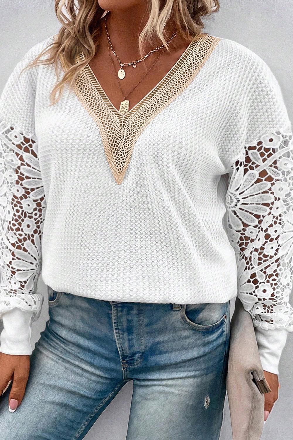 Plus Size Waffle-Knit Crochet V-Neck Blouse - ClubOn