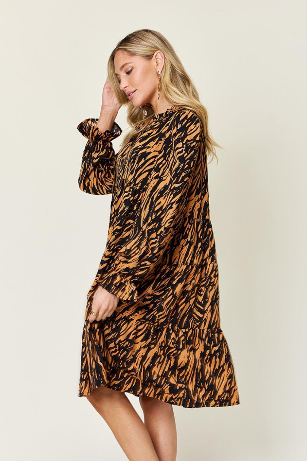 Double Take Full Size Printed Ruffle Hem Long Sleeve Dress - ClubOn