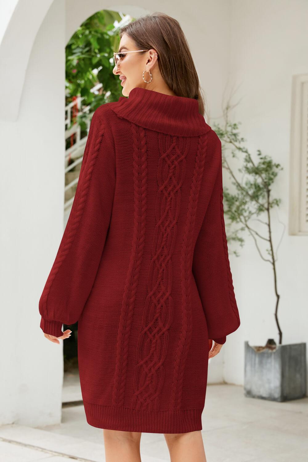 Woven Right Mixed Knit Turtleneck Lantern Sleeve Sweater Dress - ClubOn