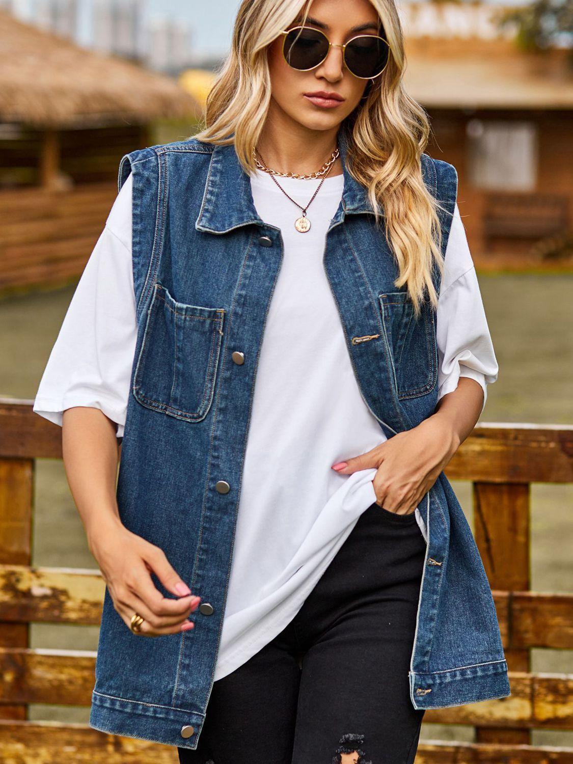 Button Down Denim Vest - ClubOn
