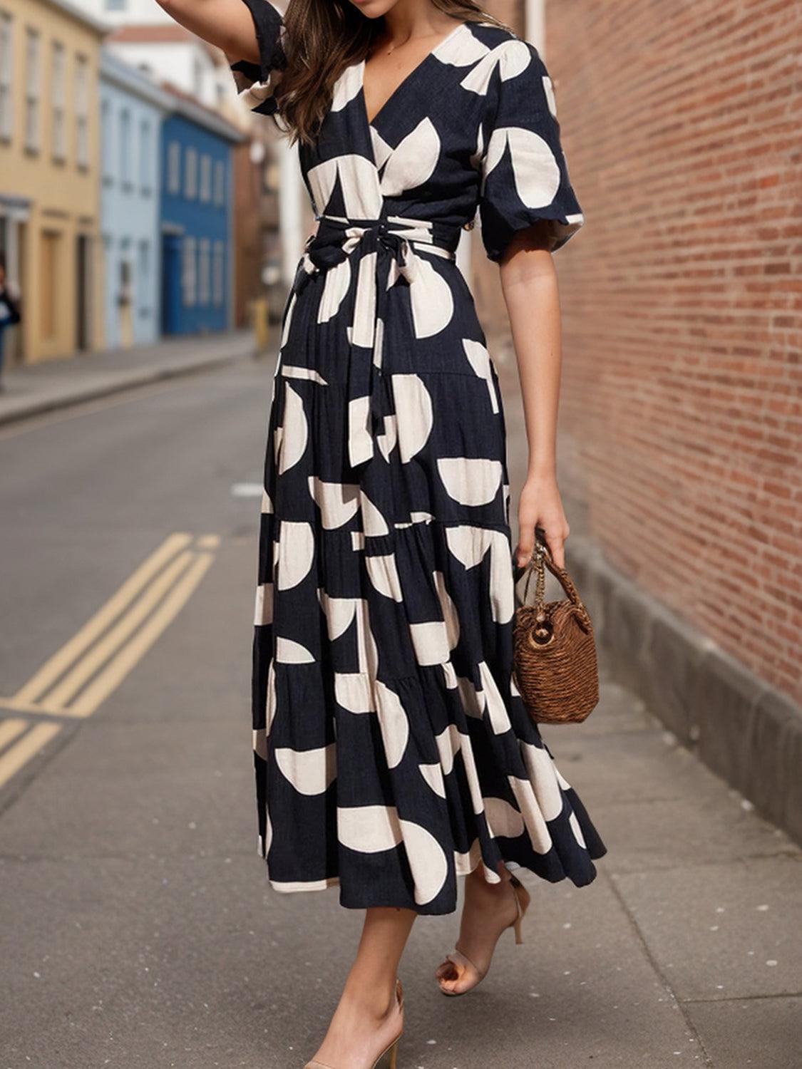 Tied Slit Printed Half Sleeve Midi Dress - ClubOn