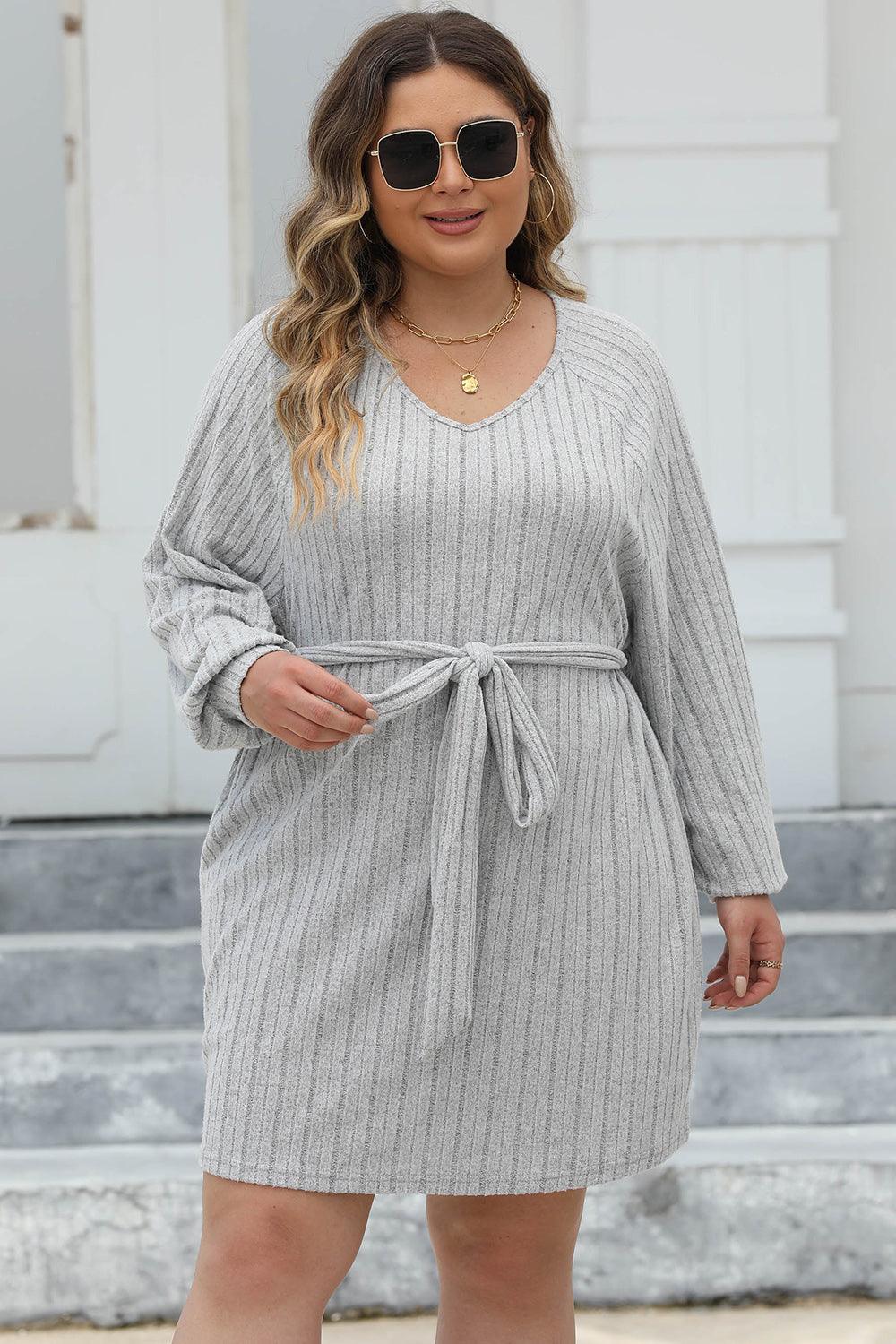Plus Size Ribbed Tie Front Long Sleeve Sweater Dress - ClubOn