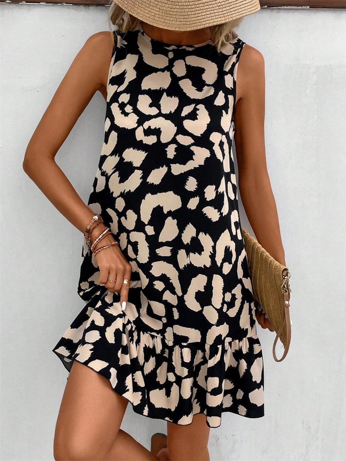 Tied Leopard Round Neck Tank Dress - ClubOn