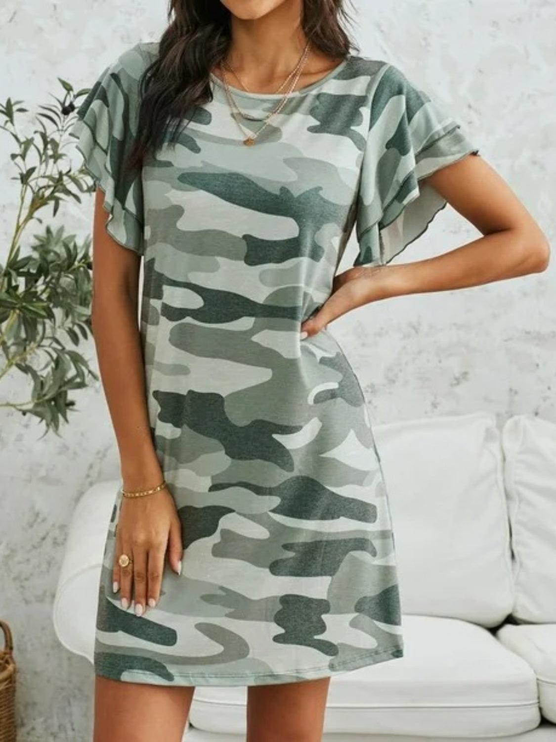 Camouflage Round Neck Short Sleeve Mini Dress - ClubOn