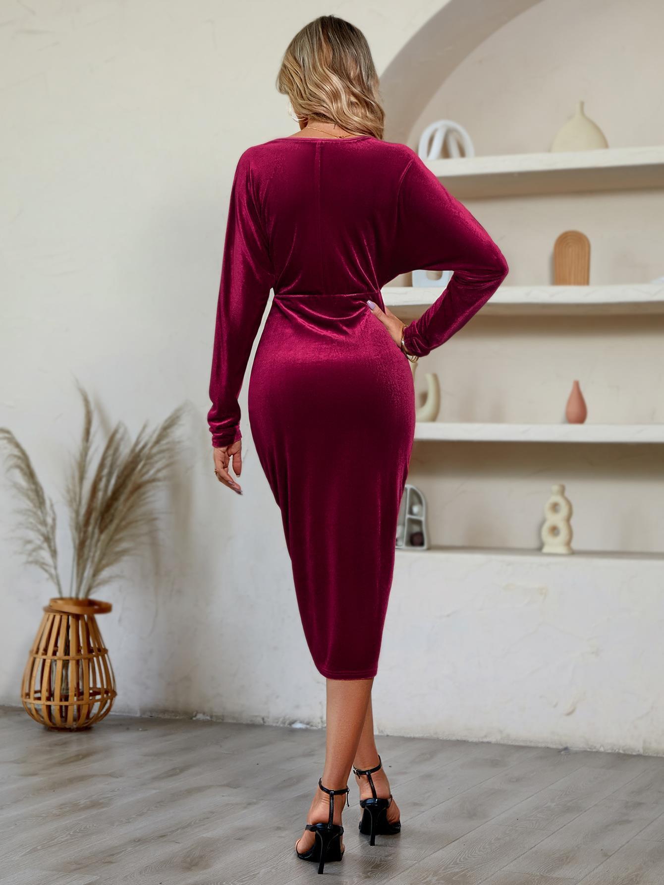 V-Neck Long Sleeve Tulip Hem Dress - ClubOn