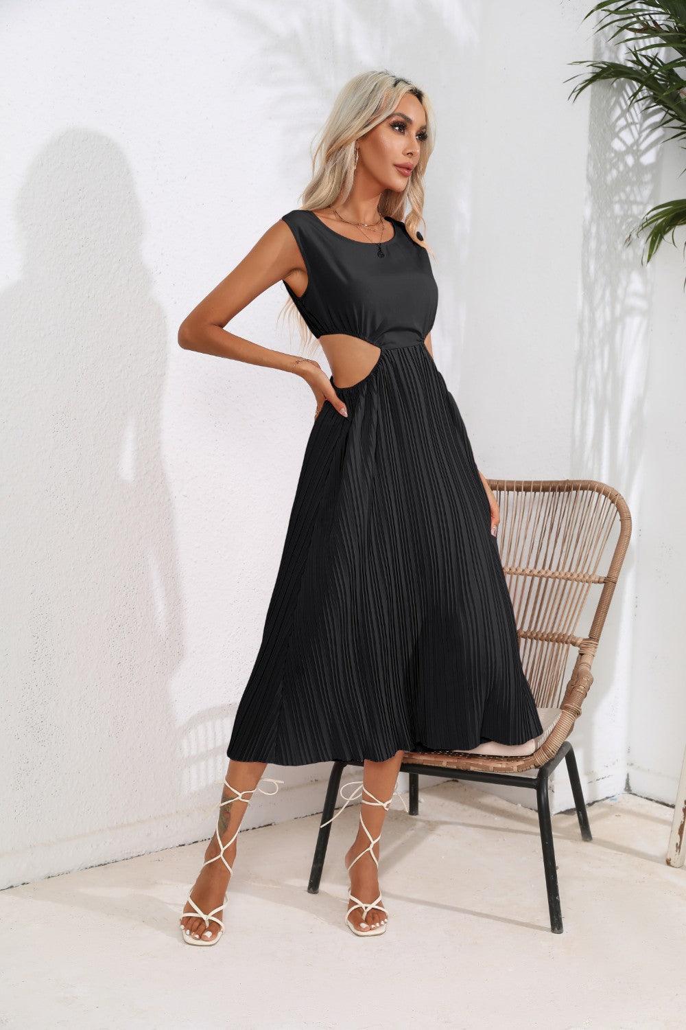 Cutout Ruched Round Neck Tank Dress - ClubOn