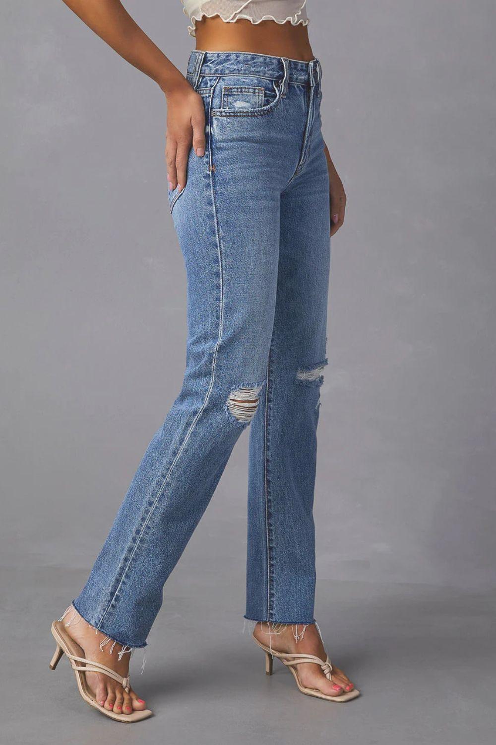 Distressed Raw Hem Straight Jeans with Pockets - ClubOn