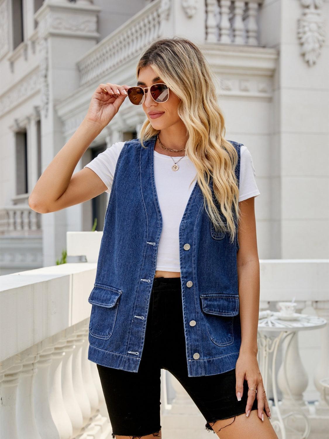 Button Down Denim Vest - ClubOn