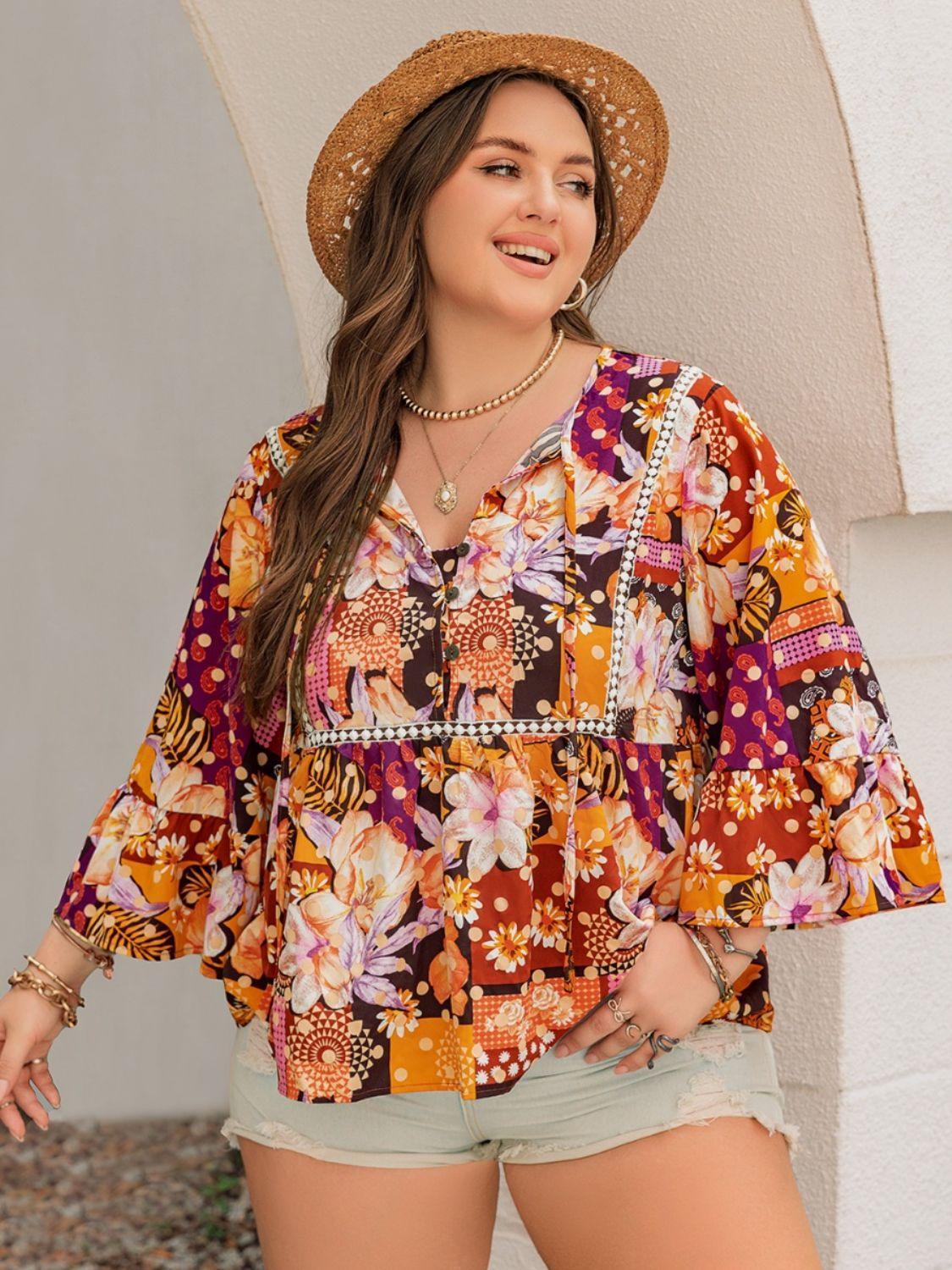 Plus Size Printed Tie Neck Blouse - ClubOn