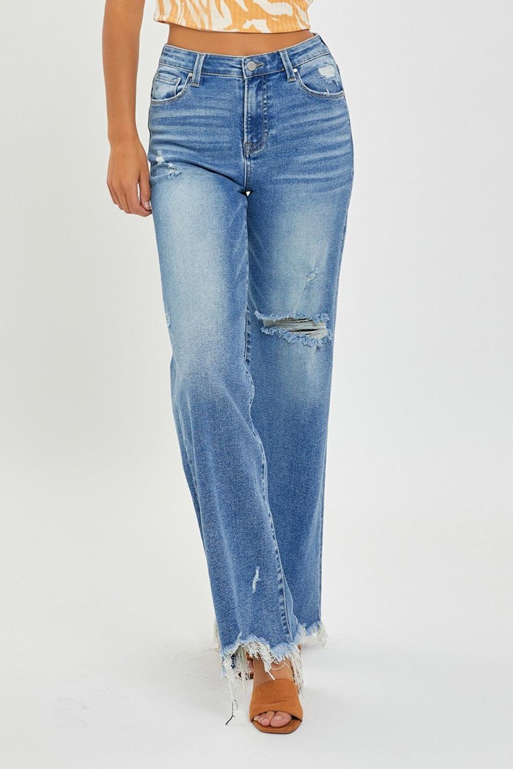 RISEN Full Size High Rise Frayed Hem Wide Leg Jeans - ClubOn