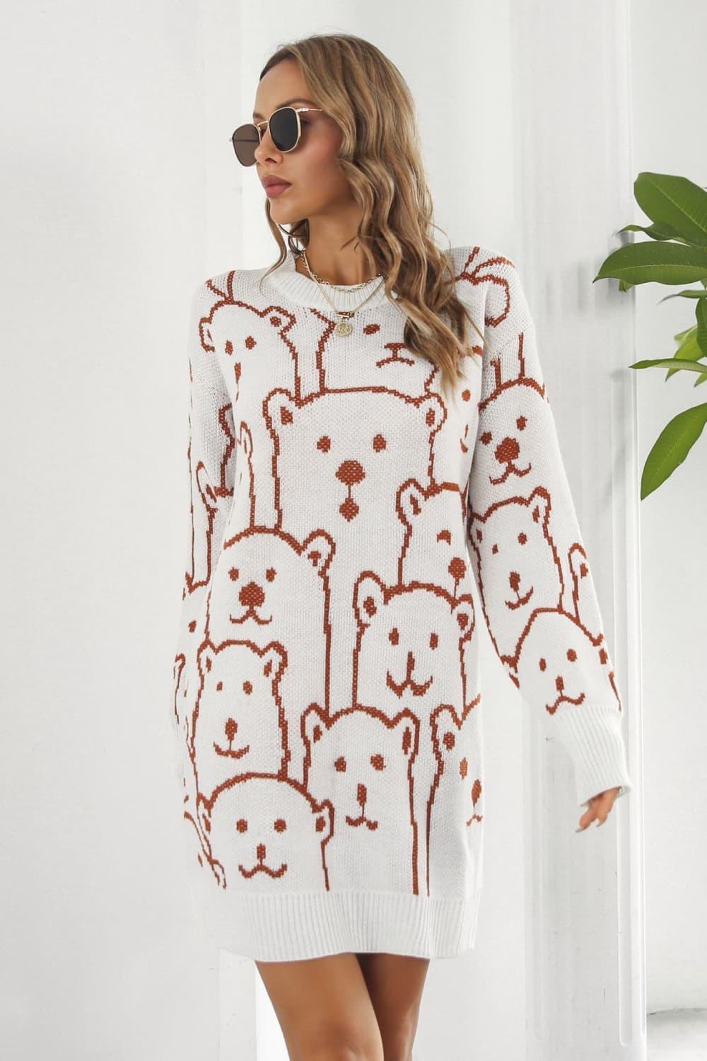 Bear Pattern Round Neck Sweater Dress - ClubOn