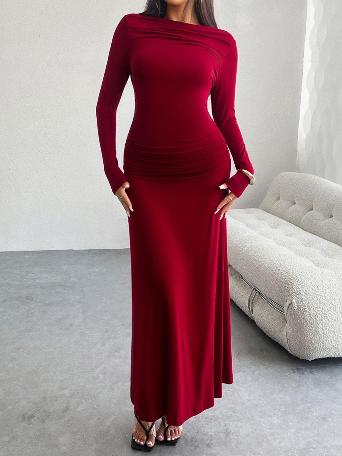 Devine Ruched Long Sleeve Maxi Dress - ClubOn