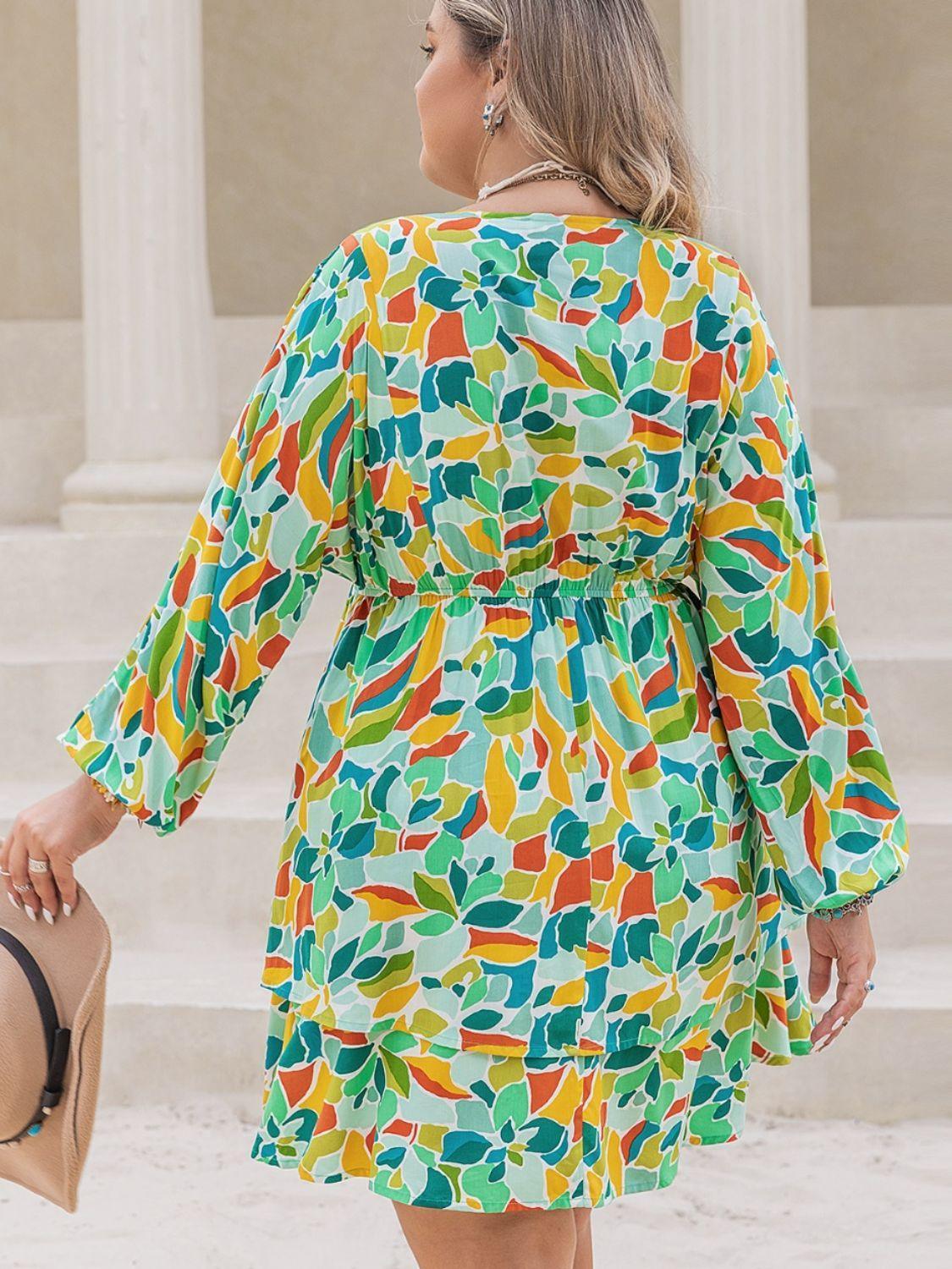 Plus Size Printed Surplice Long Sleeve Mini Dress - ClubOn