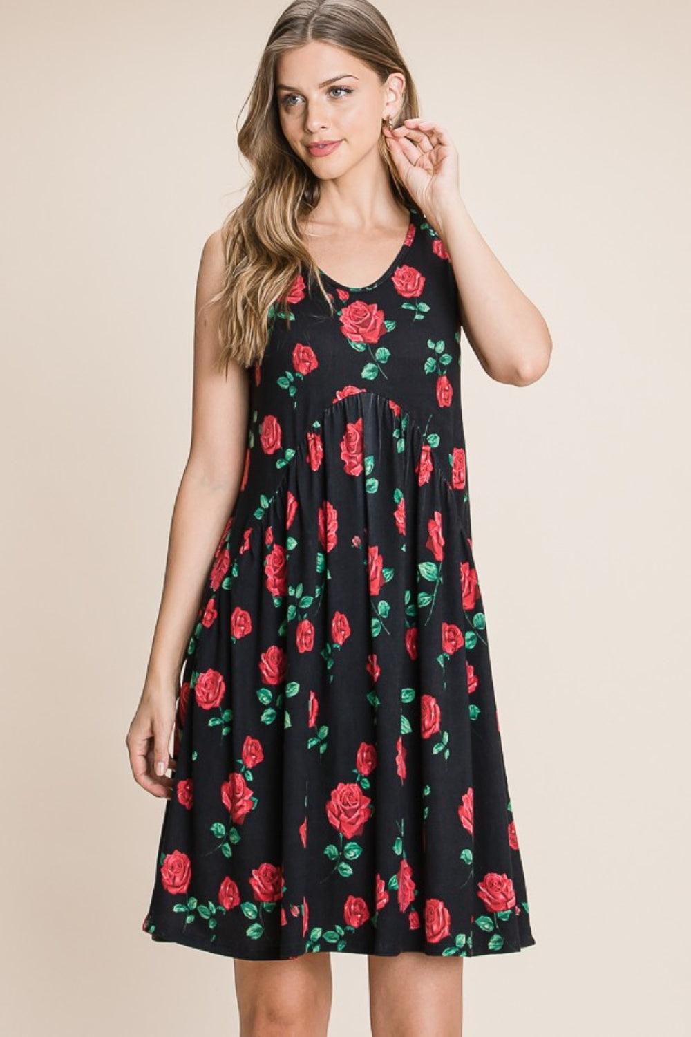 BOMBOM Floral Ruched Tank Dress - ClubOn