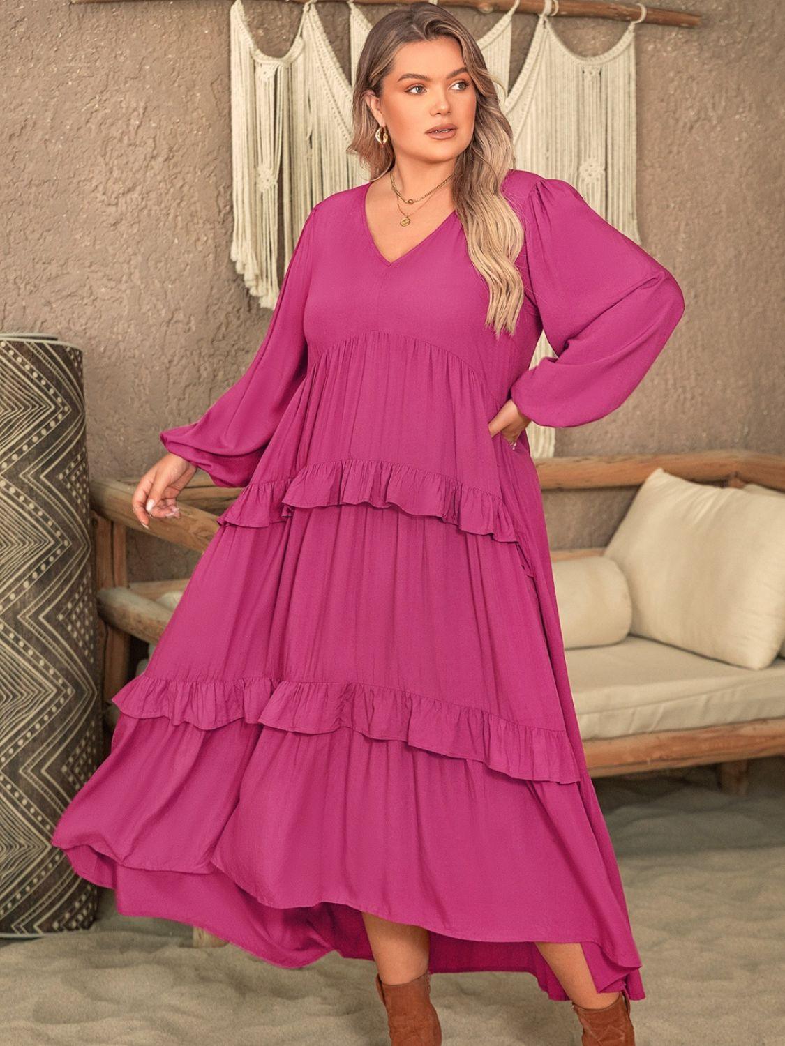 Plus Size Ruffled V-Neck Long Sleeve Dress - ClubOn