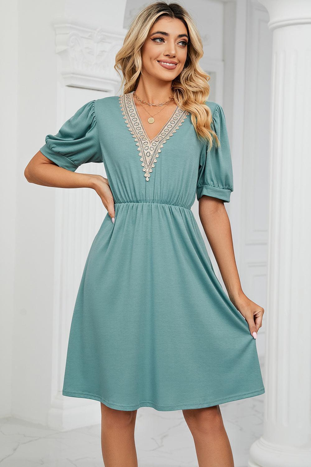 V-Neck Puff Sleeve Dress - ClubOn