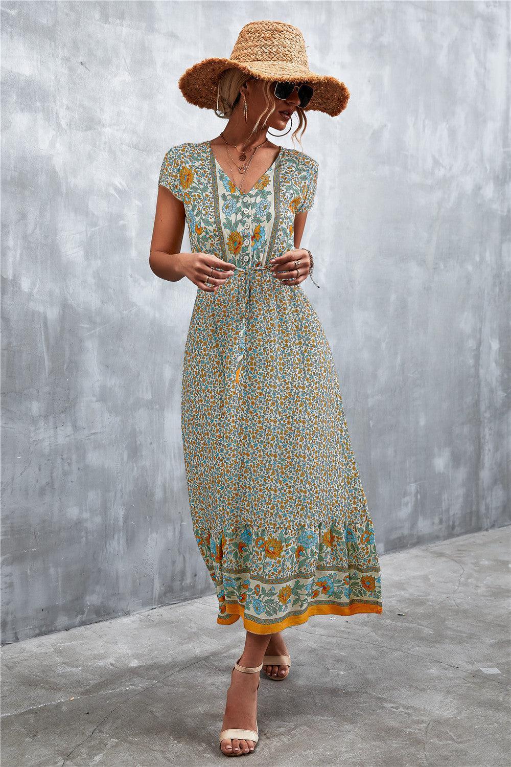 V-Neck Short Sleeve Printed Maxi Dress - ClubOn