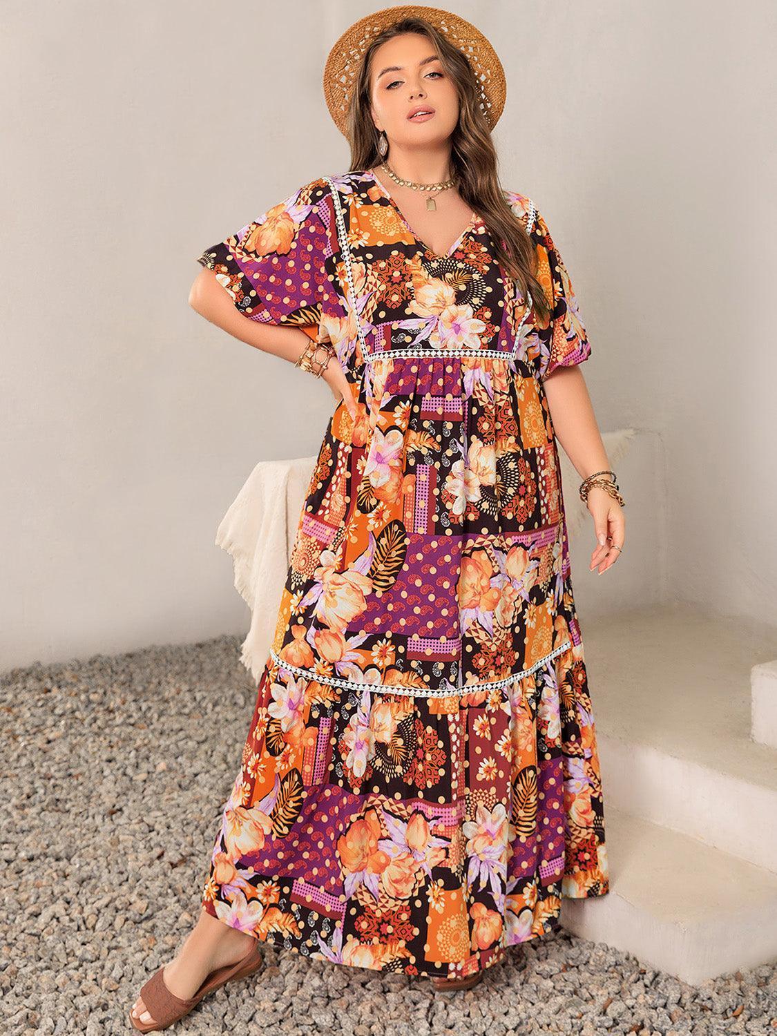 Plus Size Printed V-Neck Half Sleeve Maxi Dress - ClubOn