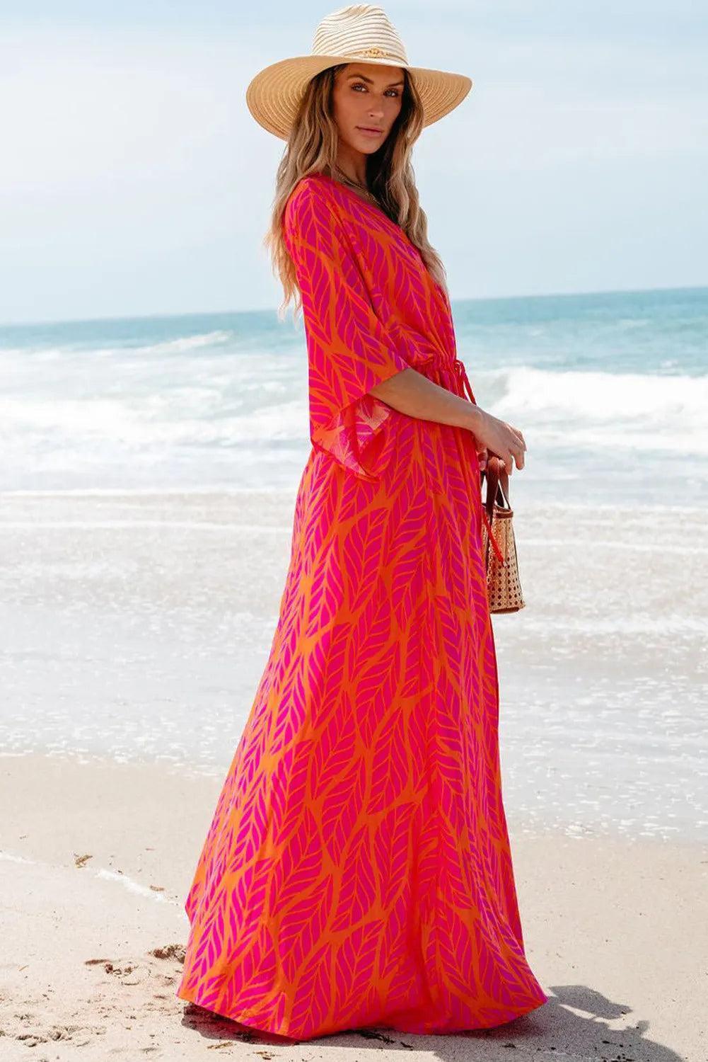 Drawstring Printed V-Neck Maxi Dress - ClubOn