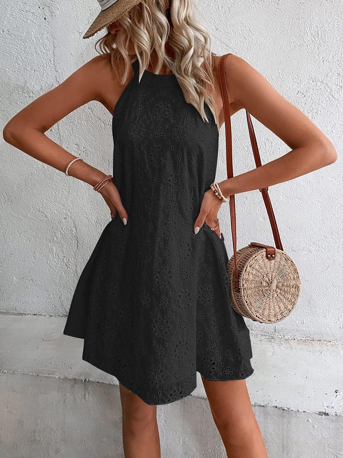 Eyelet Grecian Neck Mini Dress - ClubOn