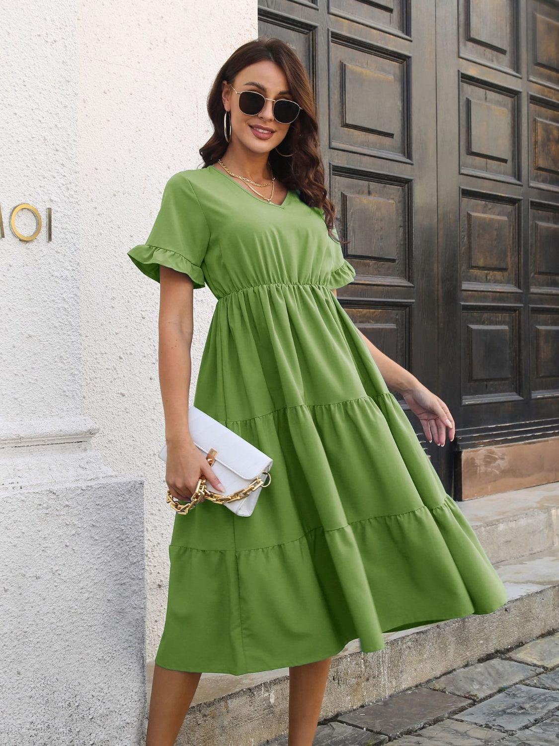 V-Neck Short Sleeve Midi Dress - ClubOn