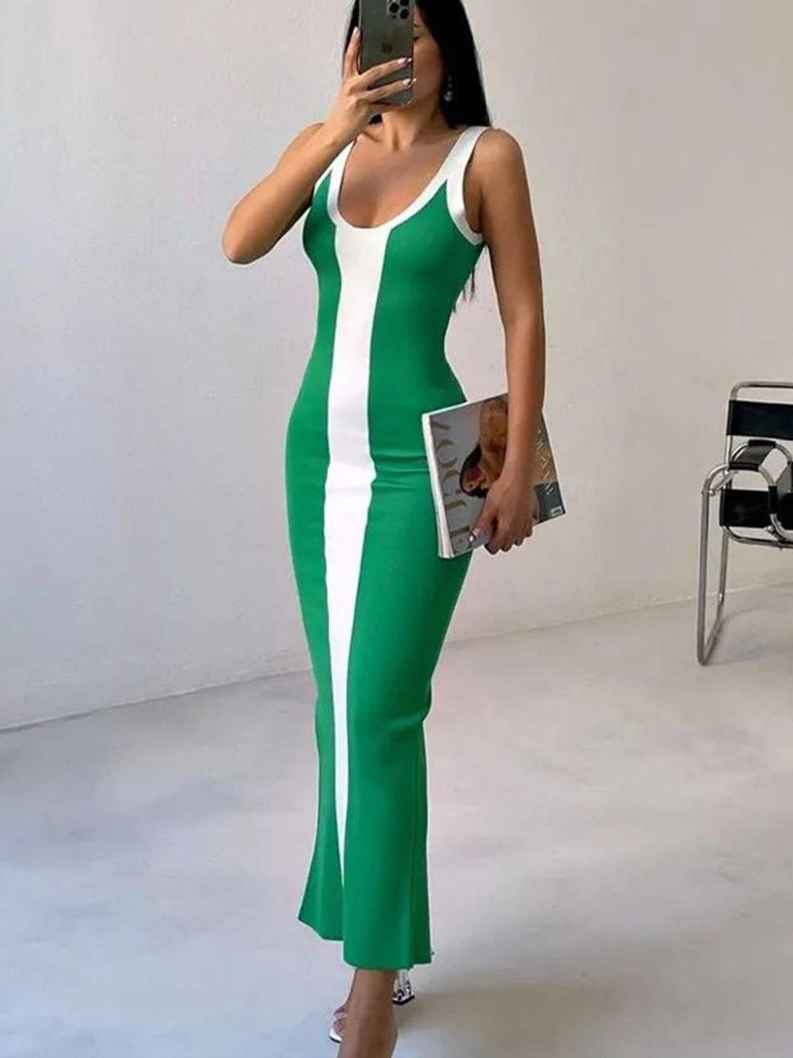 Contrast Wide Strap Slit Midi Dress - ClubOn