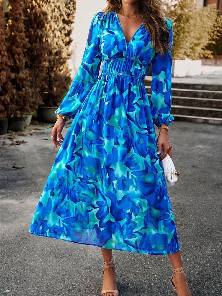 Devine Printed V-Neck Long Sleeve Midi Dress - ClubOn