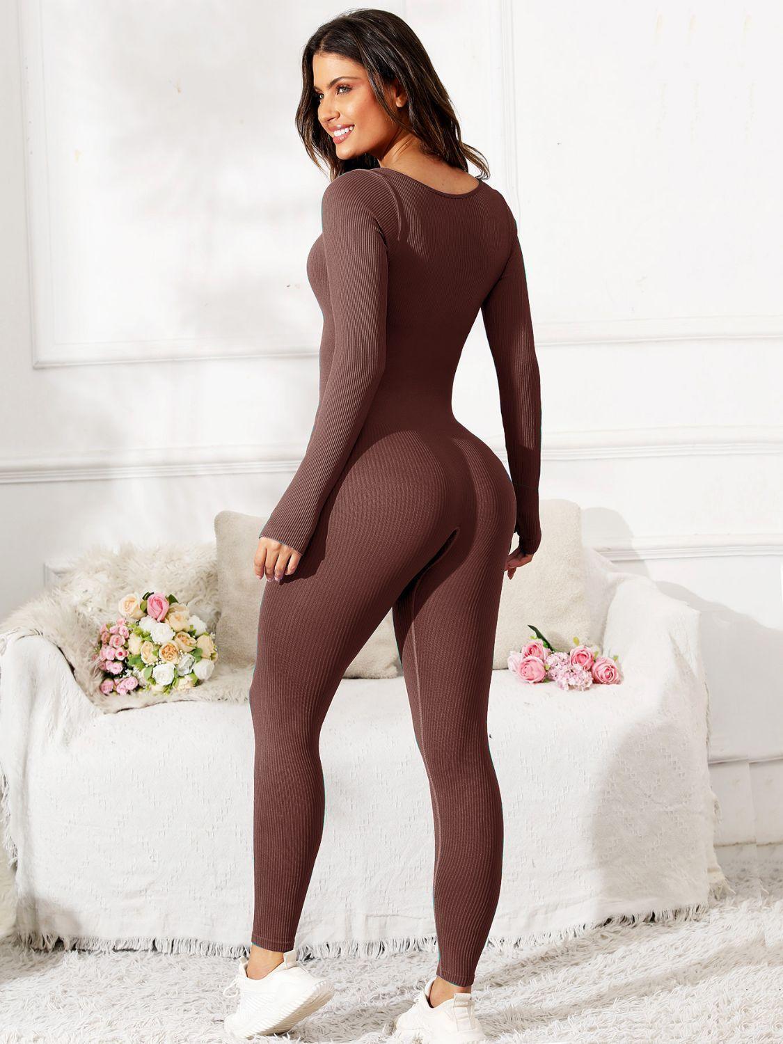 Scoop Neck Long Sleeve Active Jumpsuit - ClubOn
