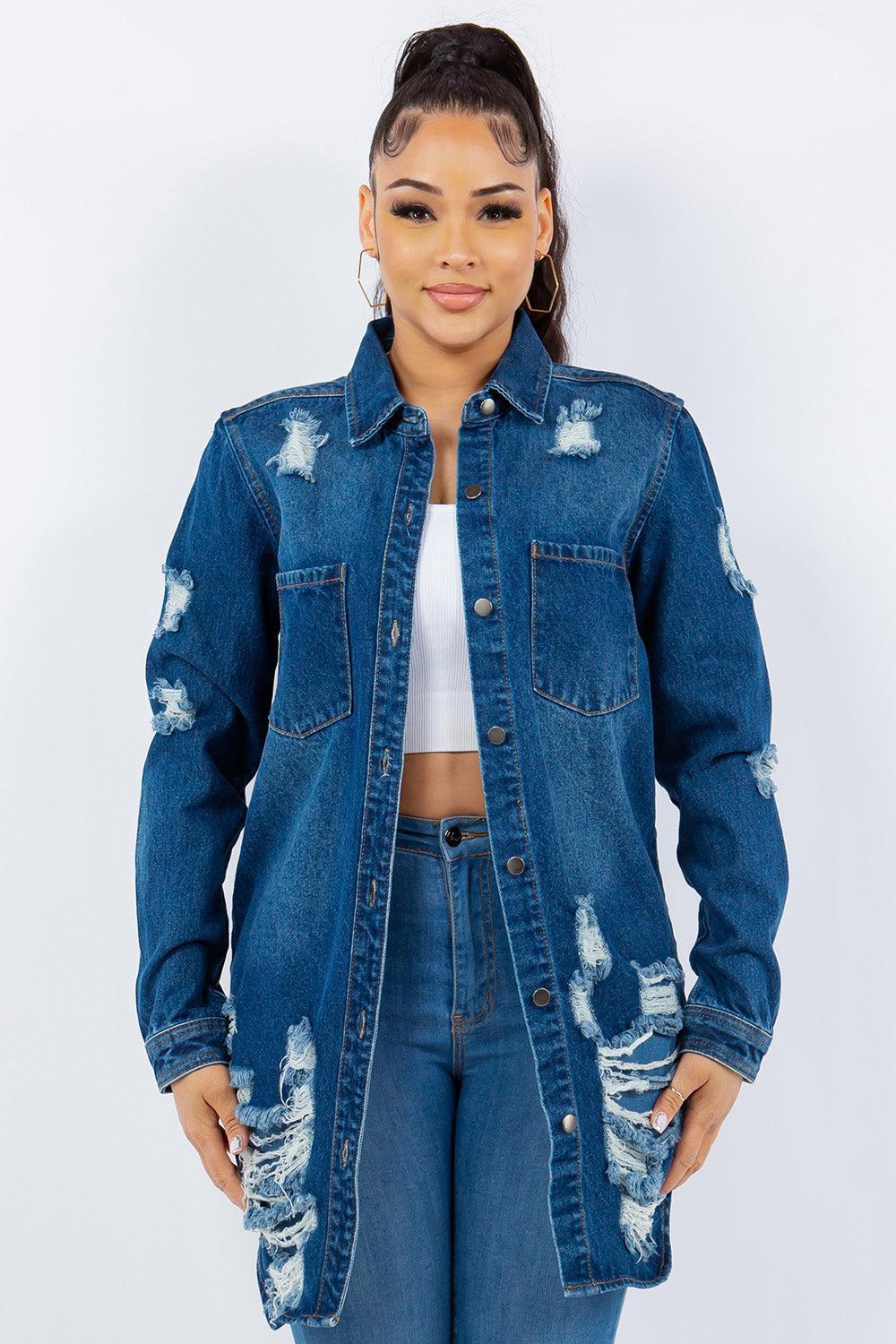 American Bazi Distressed Button Up Long Sleeve Denim Jacket - ClubOn