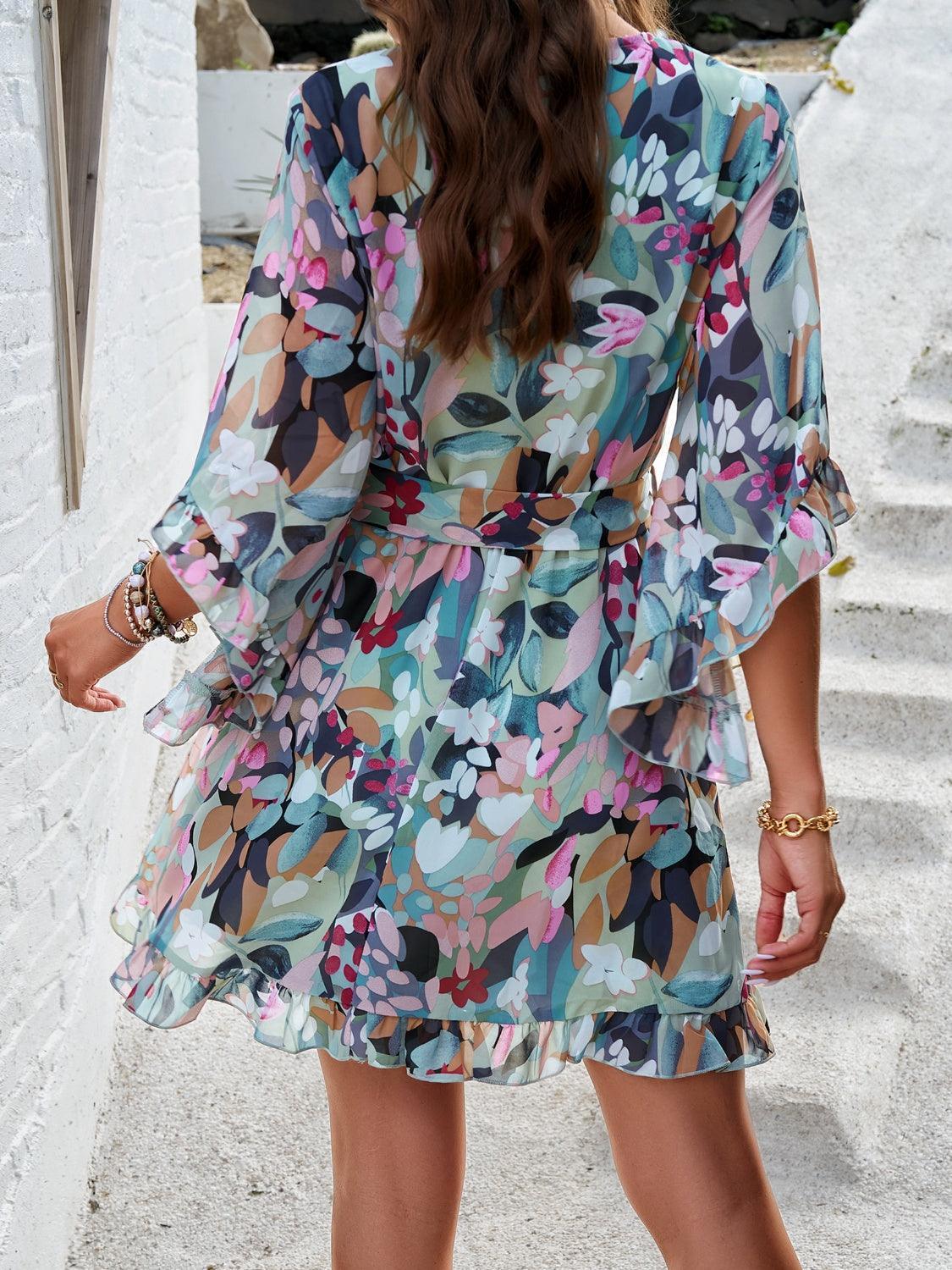 Devine Ruffled Printed Surplice Half Sleeve Mini Dress - ClubOn