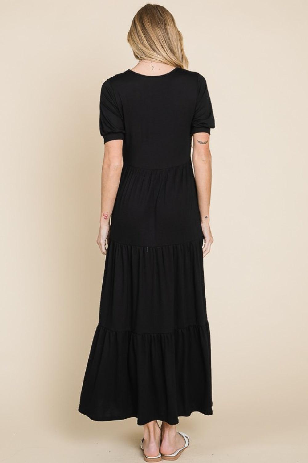 BOMBOM Short Sleeve Tiered Maxi Dress - ClubOn