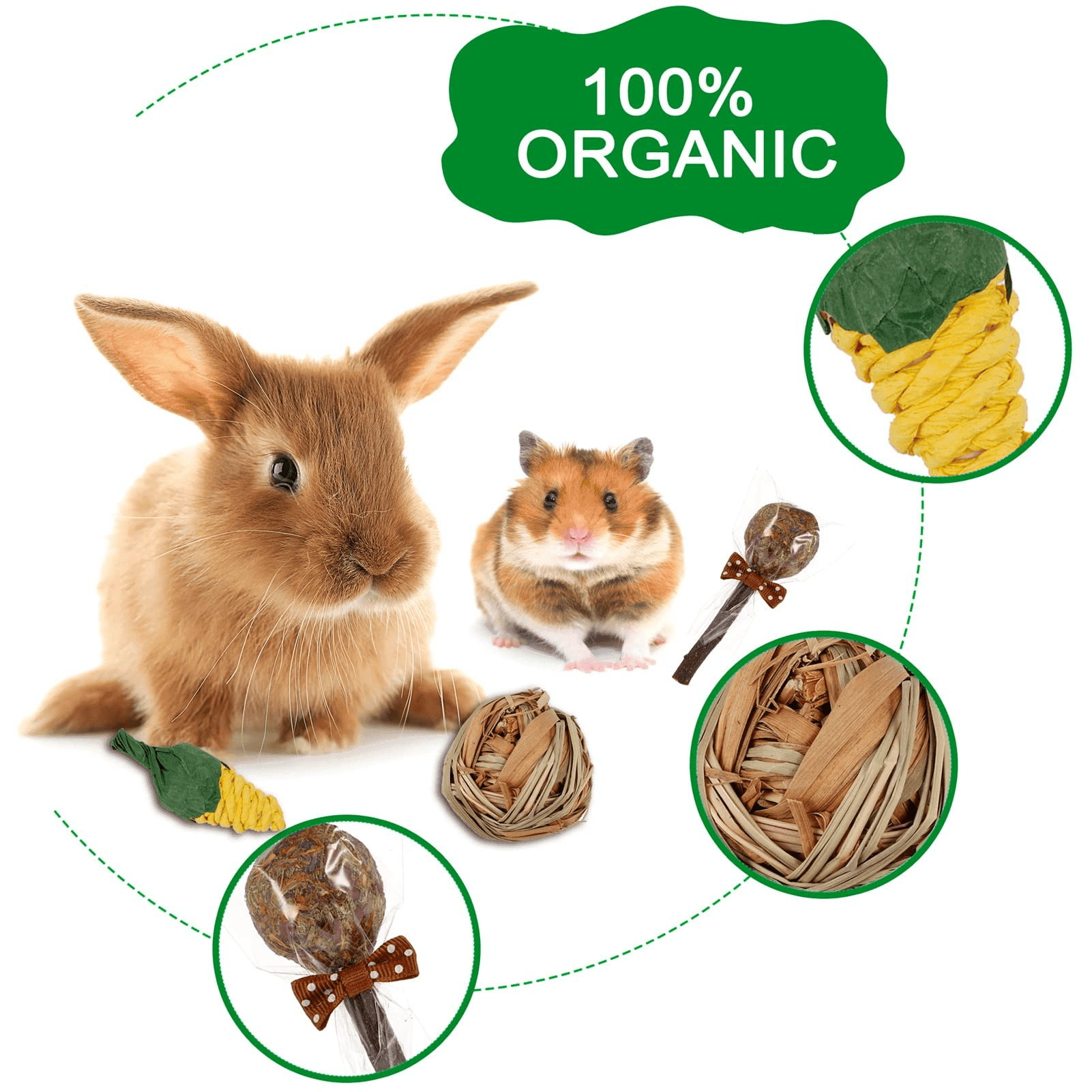 Springcorner 14Pcs Rabbit Toy for Teeth, Chew Toys for Rabbits, Guinea Pigs, Chinchillas, Loofah Wood Balls & Sticks - ClubOn