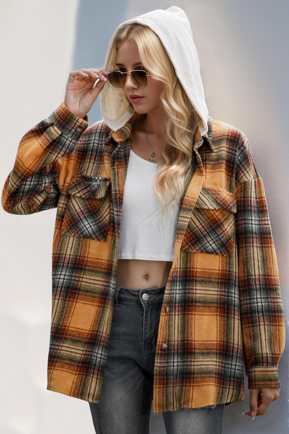 Double Take Drawstring Plaid Long Sleeve Hooded Shacket - ClubOn