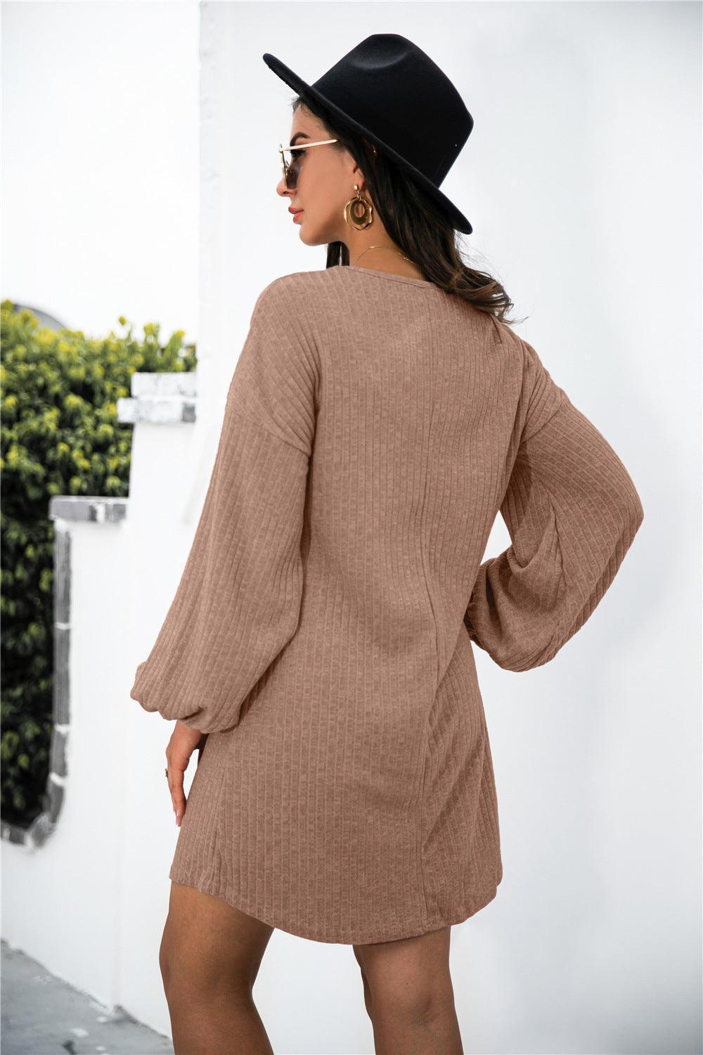Balloon Sleeve Crisscross Detail Knit Dress - ClubOn