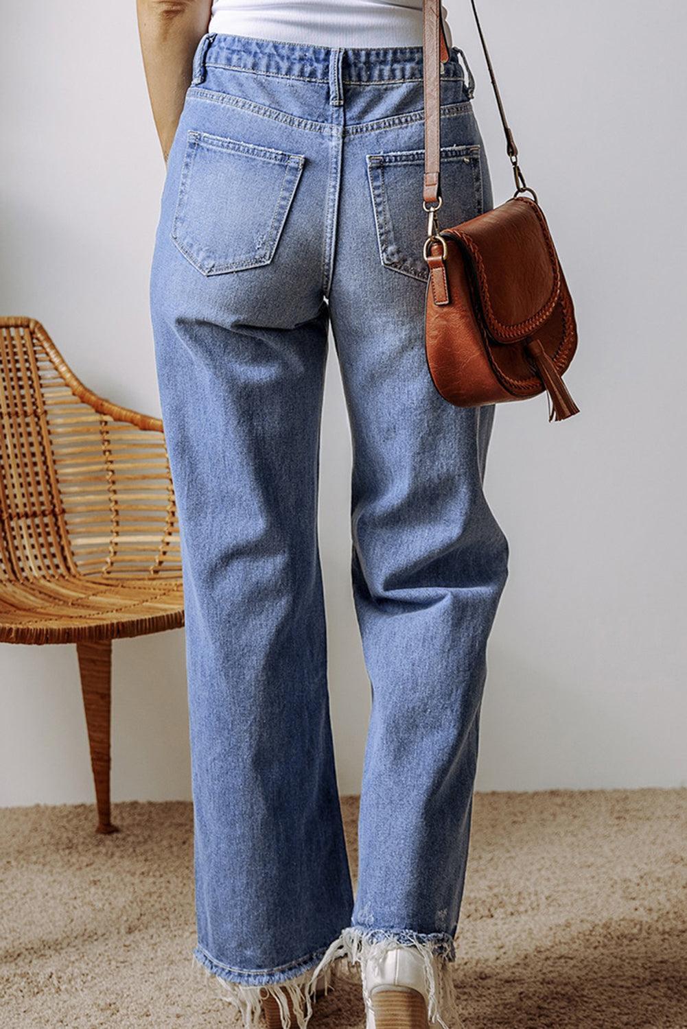 Distressed Straight Leg Jeans with Pockets - ClubOn