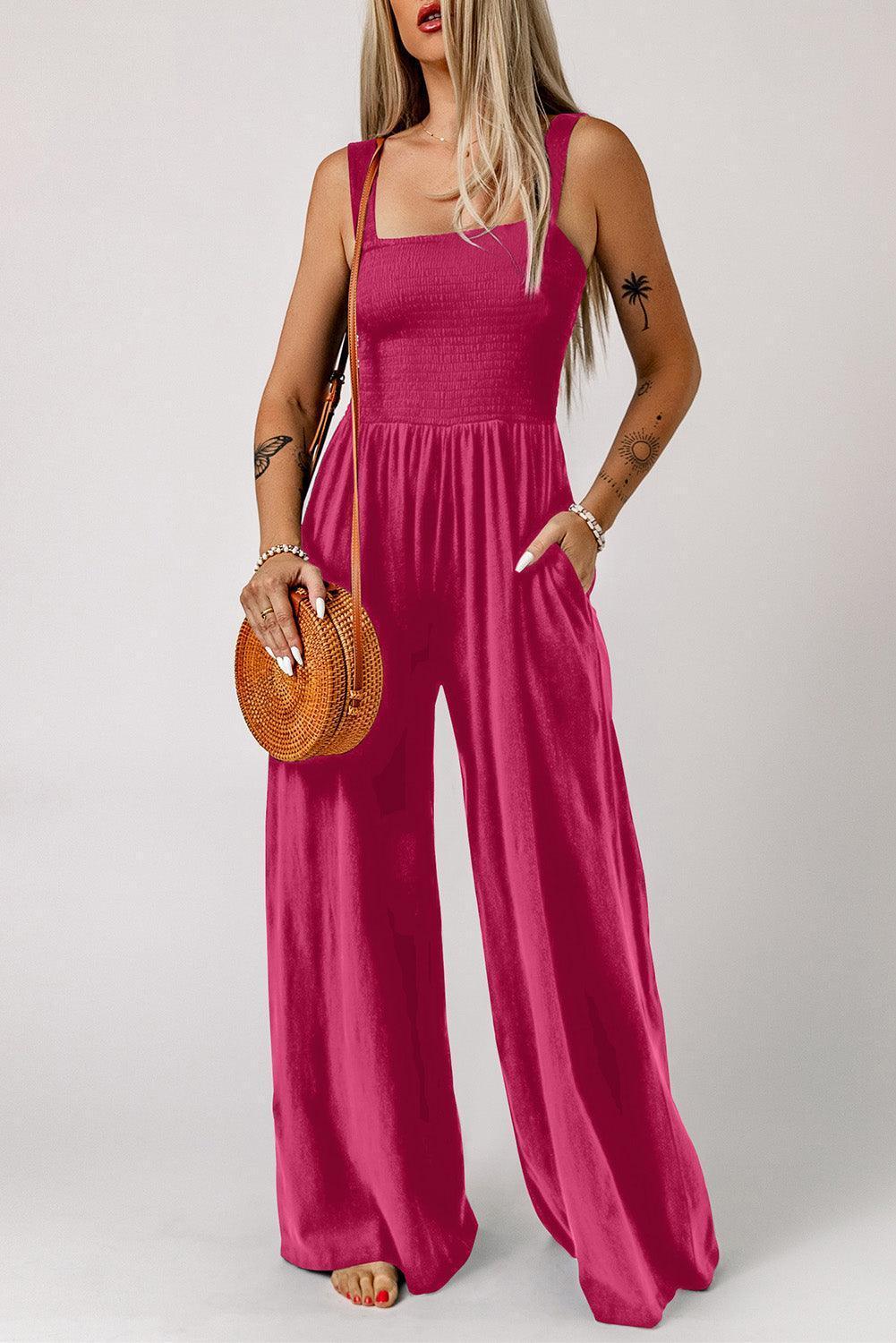 Smocked Square Neck Wide Leg Jumpsuit with Pockets - ClubOn