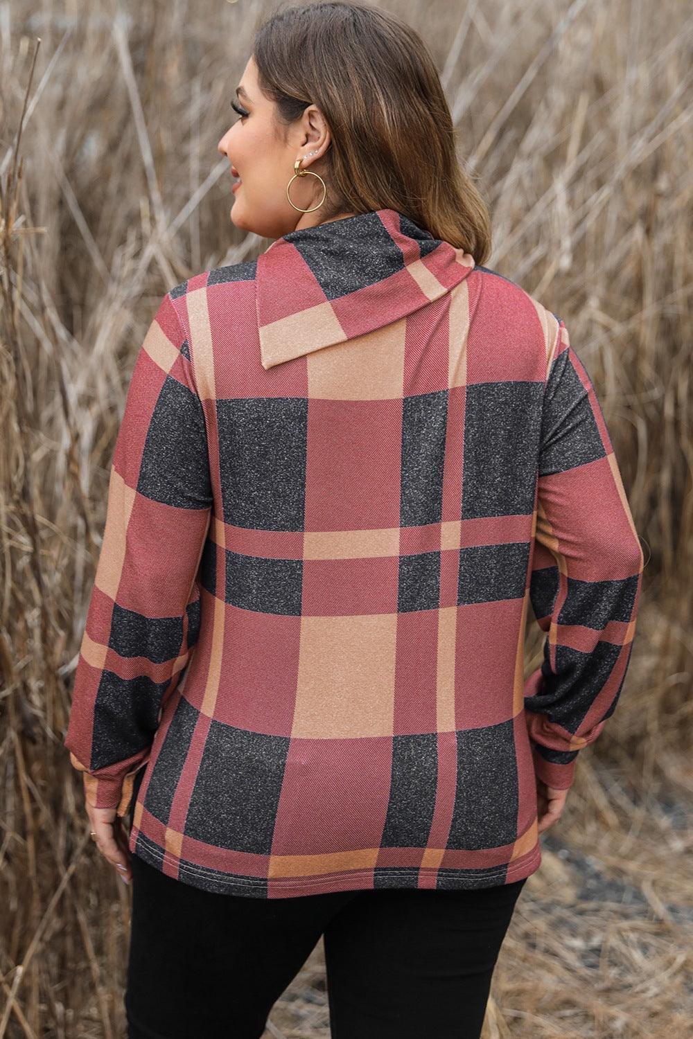 Plus Size Plaid Cowl Neck Long Sleeve Sweatshirt - ClubOn