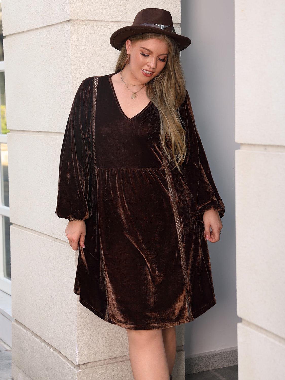 Plus Size V-Neck Balloon Sleeves Dress - ClubOn