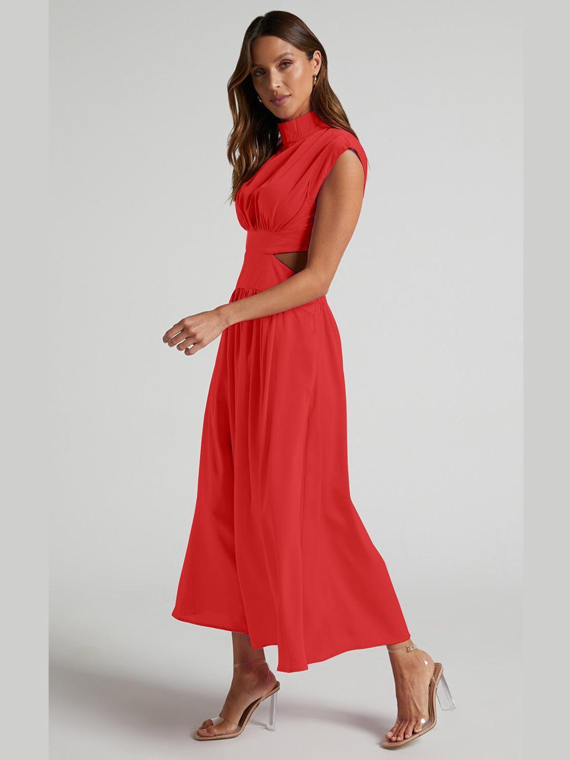 Cutout Mock Neck Sleeveless Ruched Dress - ClubOn
