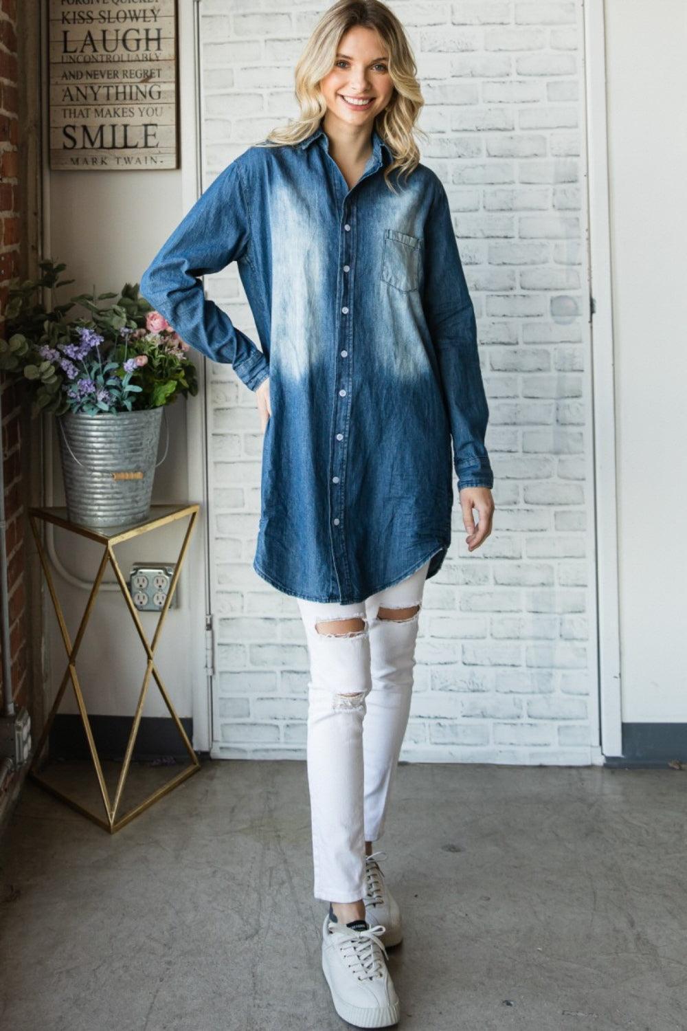 Veveret Pocketed Button Up Washed Denim Shirt - ClubOn