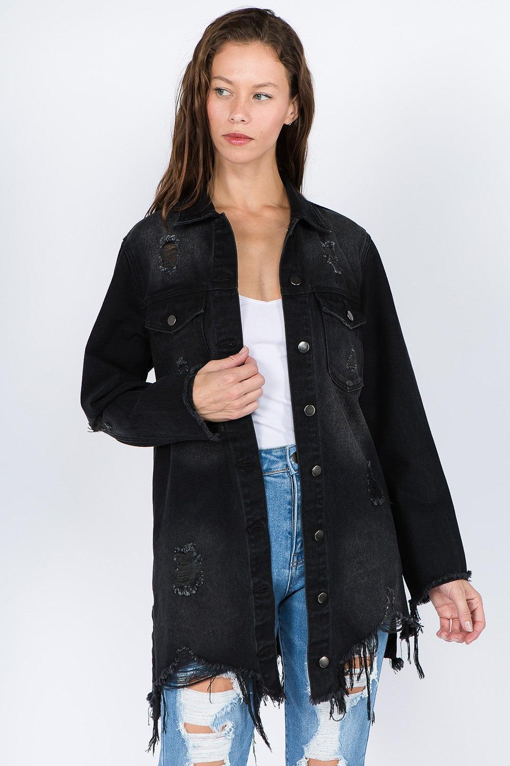 American Bazi Distressed Frayed Hem Denim Jacket - ClubOn